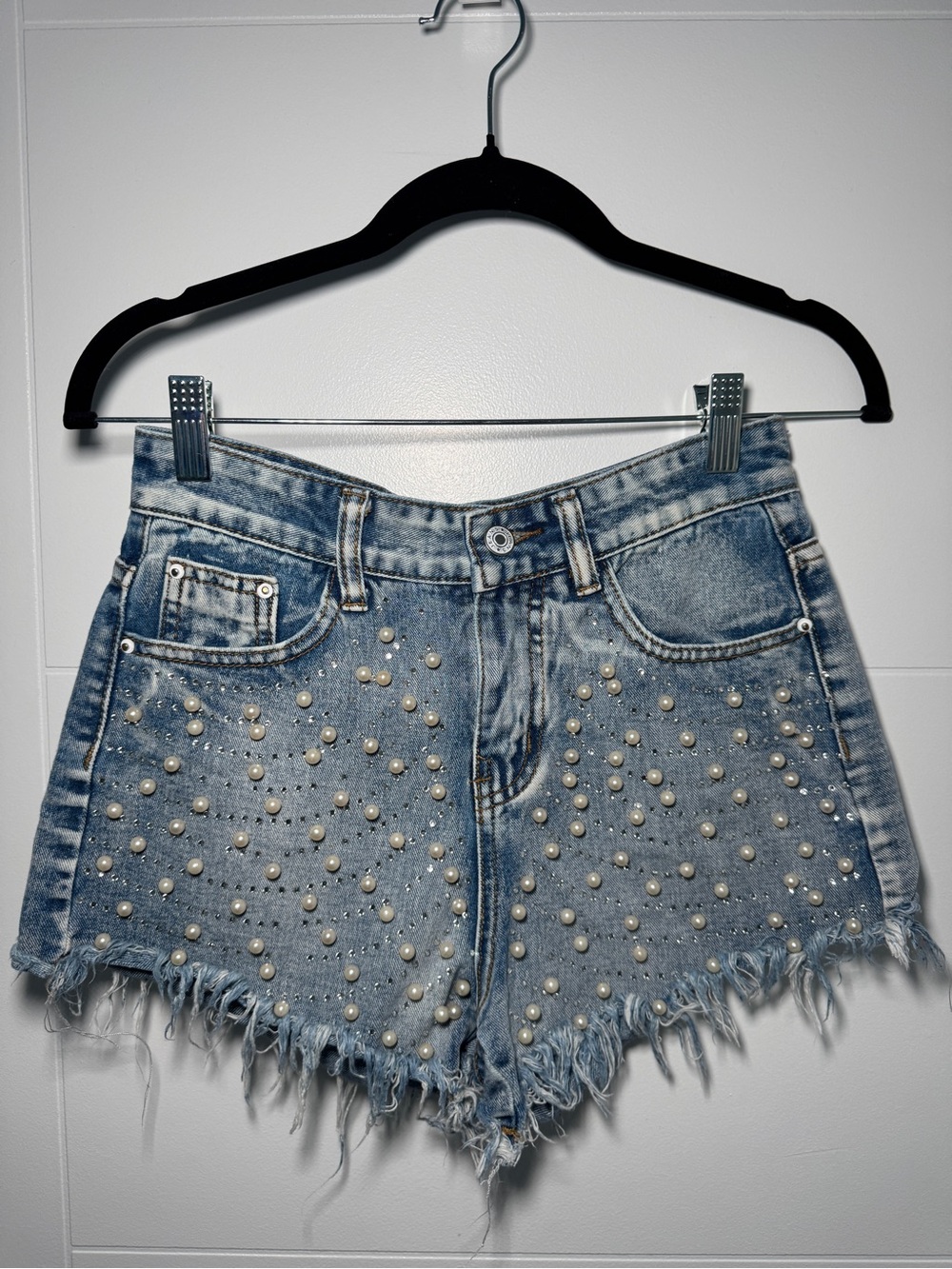 Pearl-Embellished Light Blue Denim Jean Shorts
